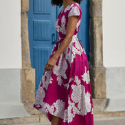 Pink Blossom Print Wrap Dress with Dipped Hem