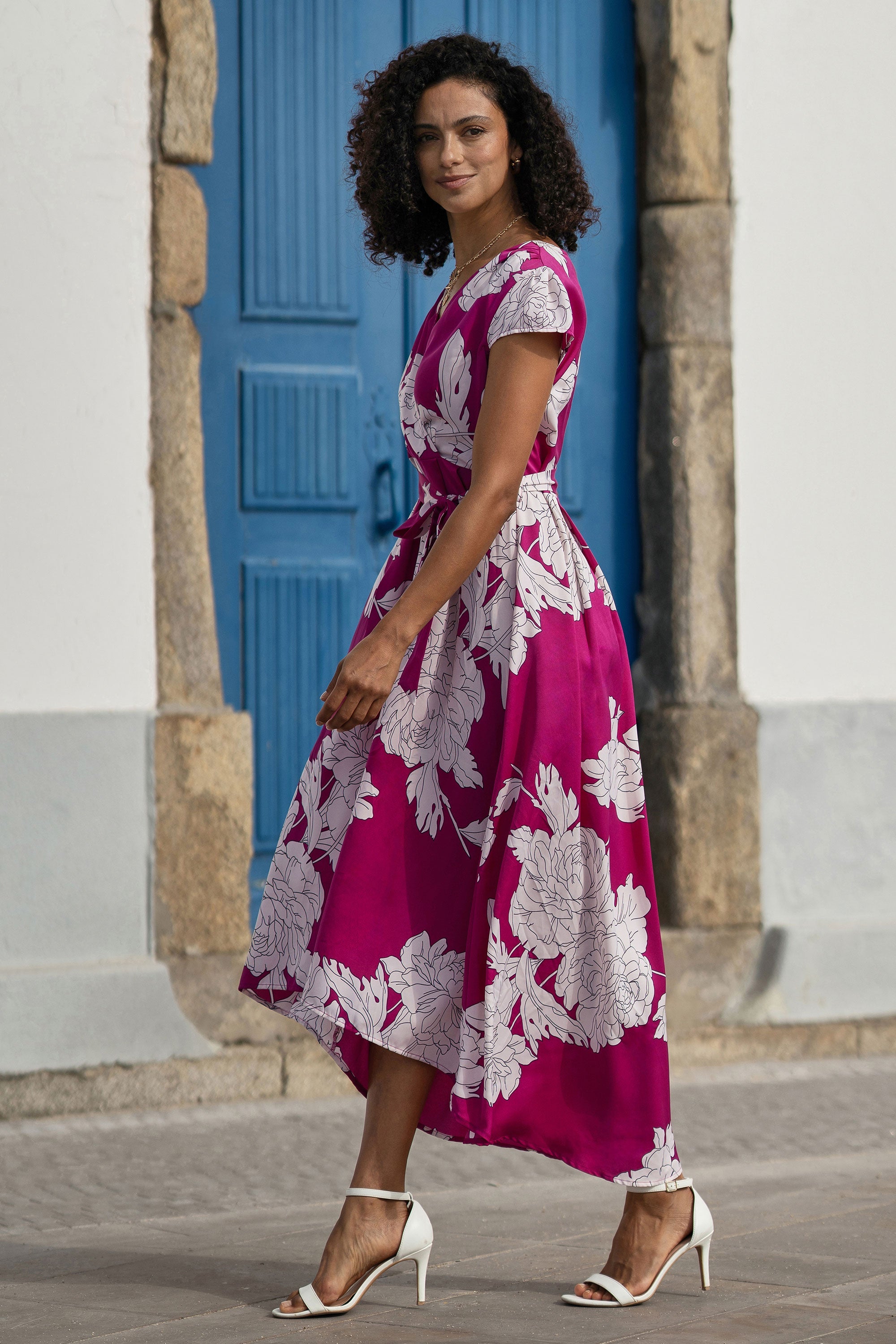 Pink Blossom Print Wrap Dress with Dipped Hem