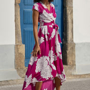 Pink Blossom Print Wrap Dress with Dipped Hem