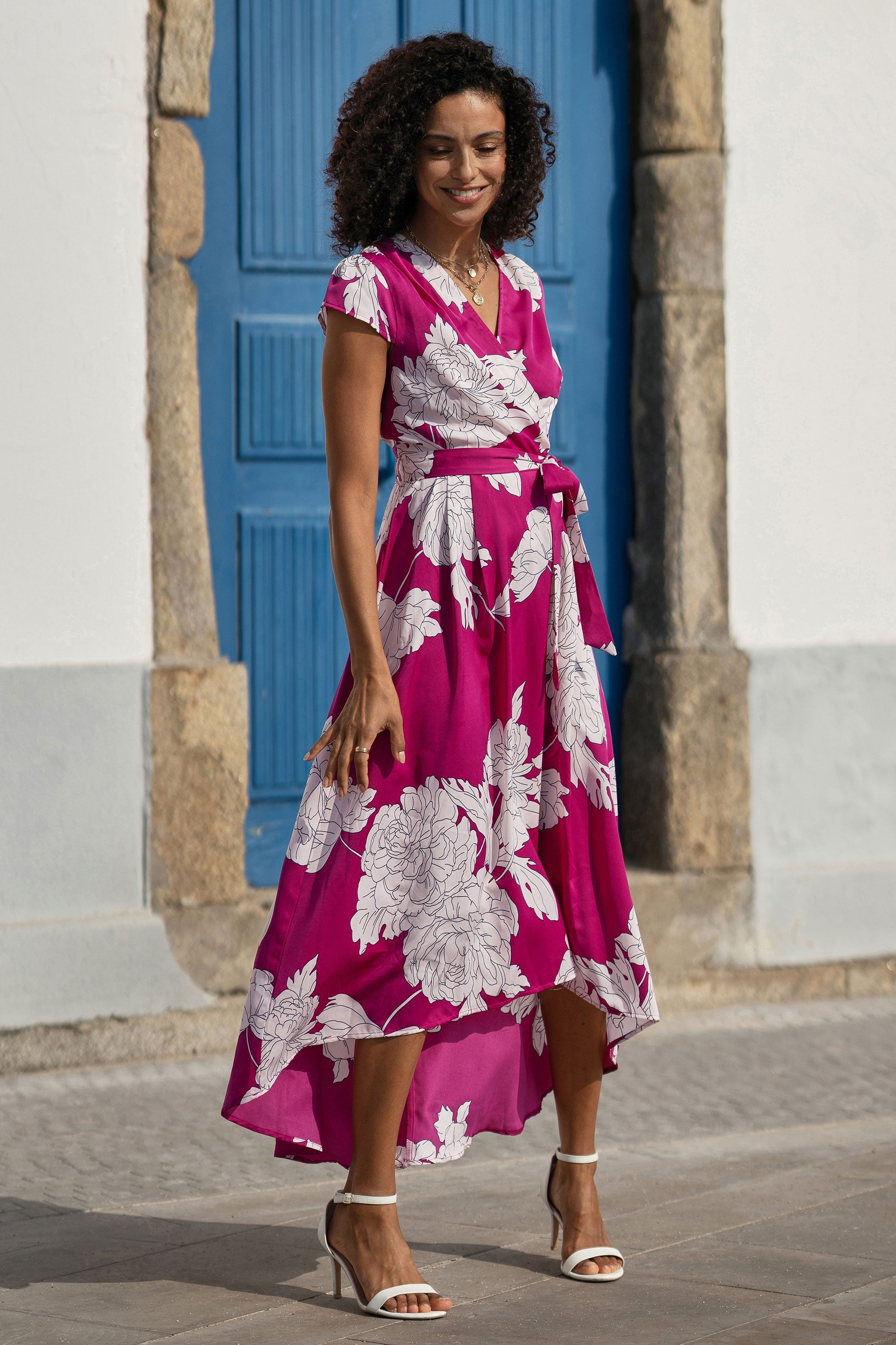 Pink Blossom Print Wrap Dress with Dipped Hem