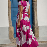Pink Blossom Print Wrap Dress with Dipped Hem