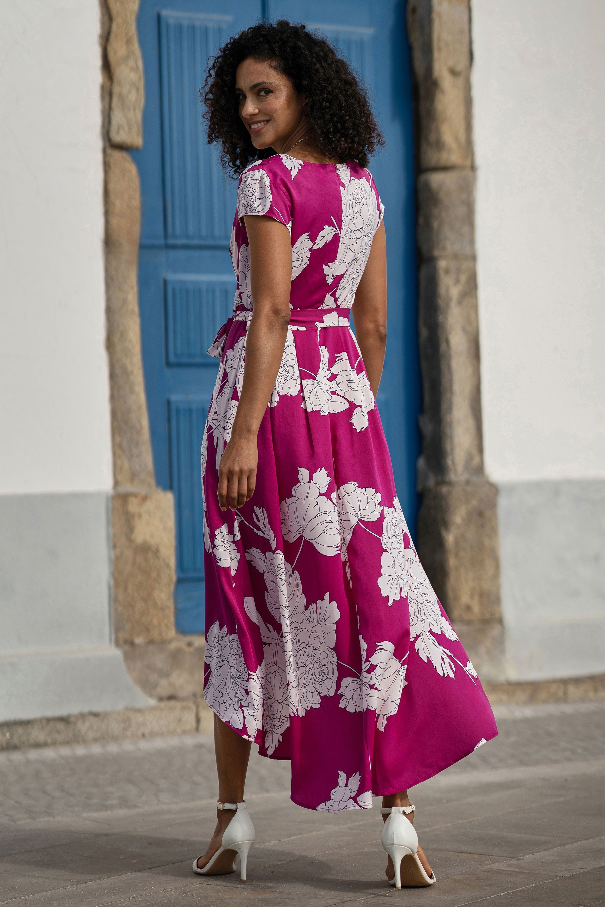 Pink Blossom Print Wrap Dress with Dipped Hem