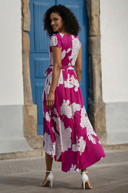 Pink Blossom Print Wrap Dress with Dipped Hem