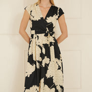 Yumi Black Blossom Print Wrap Midi with Dipped Hem