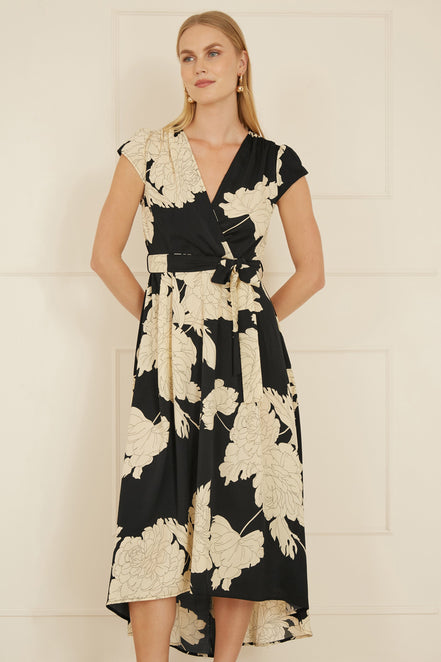Yumi Black Blossom Print Wrap Midi with Dipped Hem