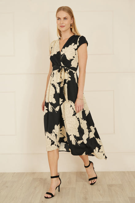 Yumi Black Blossom Print Wrap Midi with Dipped Hem