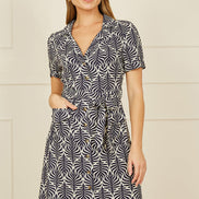 Yumi Navy Leaf Print Retro Shirt Dress