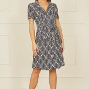 Yumi Navy Leaf Print Retro Shirt Dress