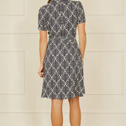 Yumi Navy Leaf Print Retro Shirt Dress