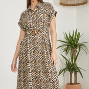 Yumi Brown Abstract Animal Print Relaxed Midi Shirt Dress with Belt