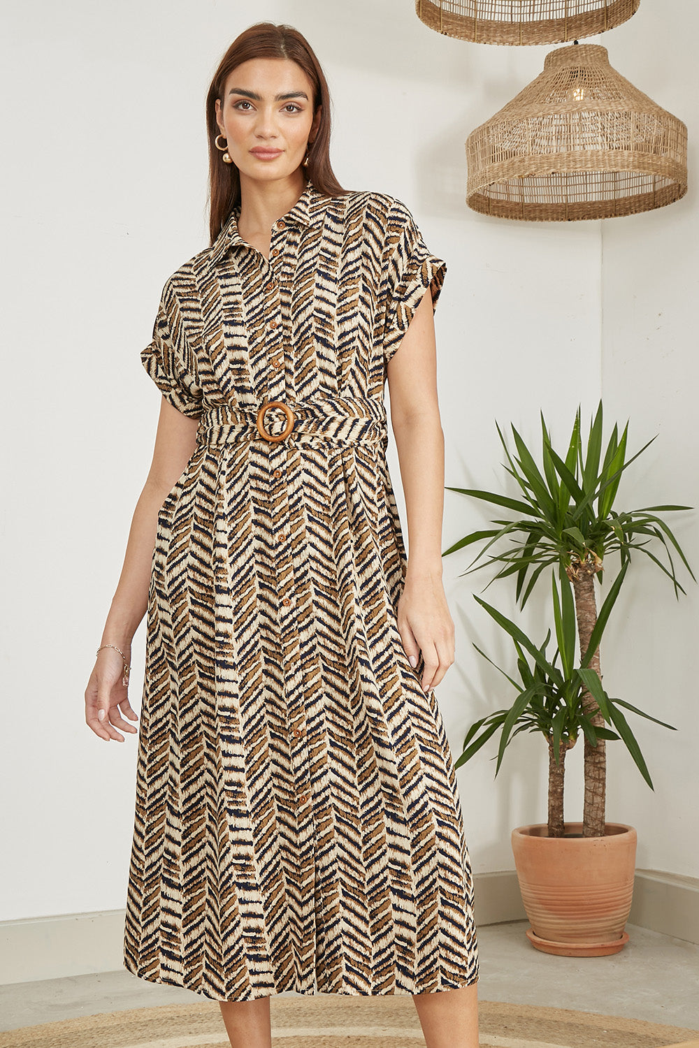 Yumi Brown Abstract Animal Print Relaxed Midi Shirt Dress with Belt