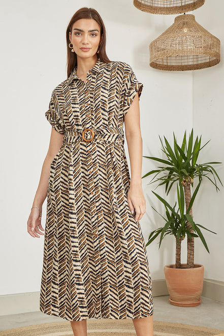 Yumi Brown Abstract Animal Print Relaxed Midi Shirt Dress with Belt
