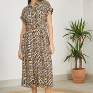 Yumi Brown Abstract Animal Print Relaxed Midi Shirt Dress with Belt