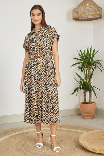Yumi Brown Abstract Animal Print Relaxed Midi Shirt Dress with Belt