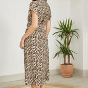 Yumi Brown Abstract Animal Print Relaxed Midi Shirt Dress with Belt