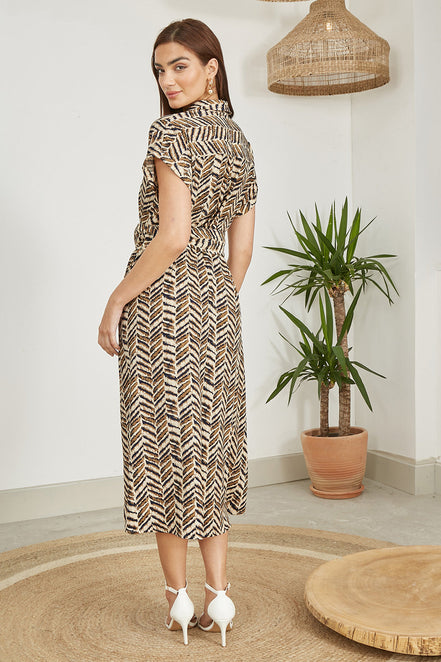 Yumi Brown Abstract Animal Print Relaxed Midi Shirt Dress with Belt