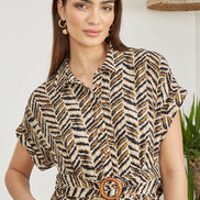 Yumi Brown Abstract Animal Print Relaxed Midi Shirt Dress with Belt