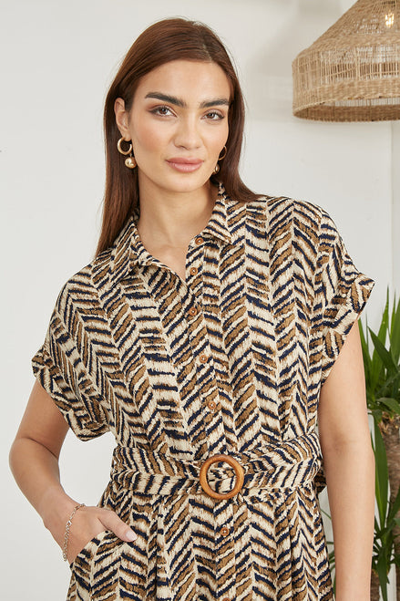 Yumi Brown Abstract Animal Print Relaxed Midi Shirt Dress with Belt