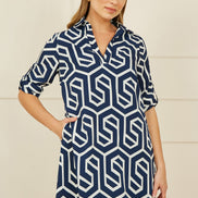 Yumi Navy Geo Print Tunic with Pockets