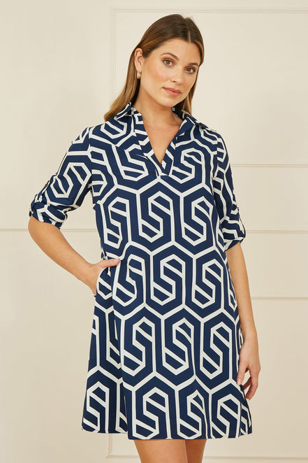 Yumi Navy Geo Print Tunic with Pockets