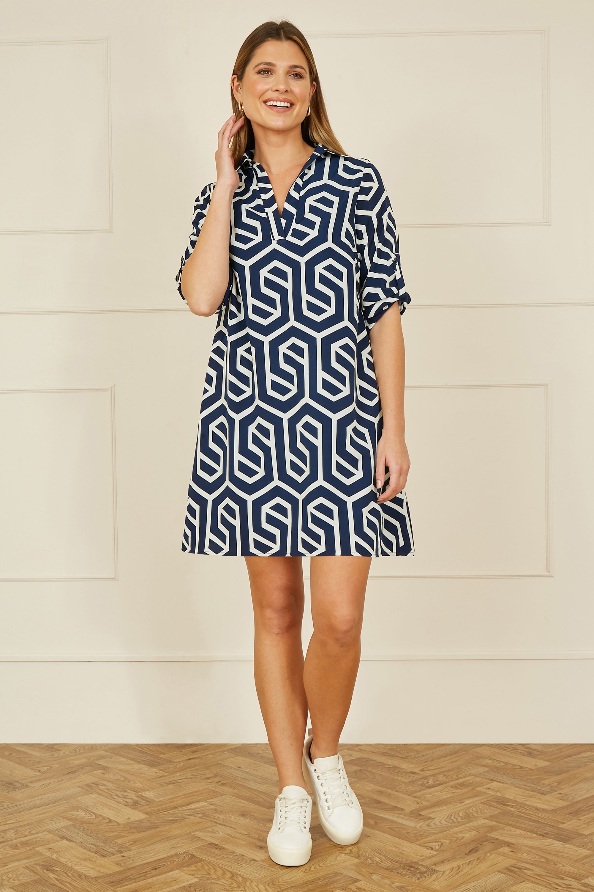 Yumi Navy Geo Print Tunic with Pockets