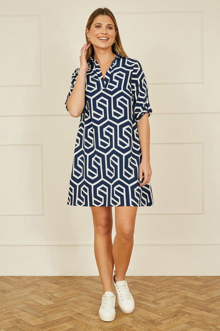 Yumi Navy Geo Print Tunic with Pockets