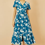 Yumi Teal Floral Button Down Floral Midi Dress