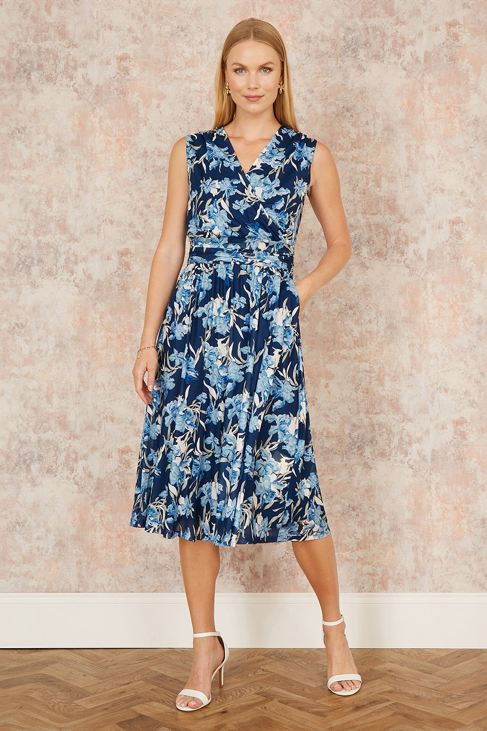 Yumi Blue Floral Mesh Wrap Skater Dress with Pockets