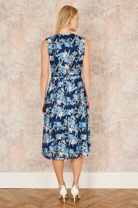 Yumi Blue Floral Mesh Wrap Skater Dress with Pockets