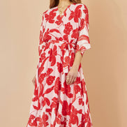 Yumi Red Kimono Sleeves Dip Hem Wrap Midi Dress