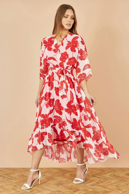 Yumi Red Kimono Sleeves Dip Hem Wrap Midi Dress