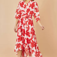 Yumi Red Kimono Sleeves Dip Hem Wrap Midi Dress