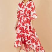 Yumi Red Kimono Sleeves Dip Hem Wrap Midi Dress