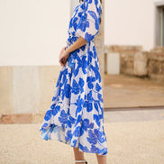 Yumi Navy Kimono Sleeves Midi Dip Hem Wrap Midi Dress