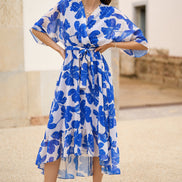 Yumi Navy Kimono Sleeves Midi Dip Hem Wrap Midi Dress