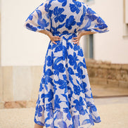 Yumi Navy Kimono Sleeves Midi Dip Hem Wrap Midi Dress