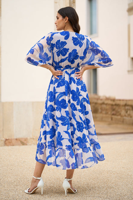 Yumi Navy Kimono Sleeves Midi Dip Hem Wrap Midi Dress