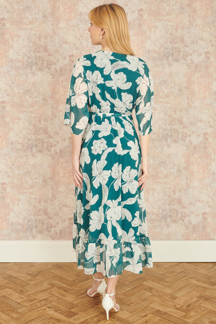 Yumi Green Kimono Sleeves Midi Dip Hem Wrap Midi Dress