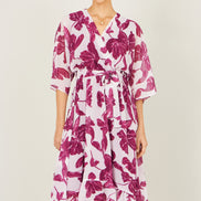 Yumi Pink Kimono Sleeves Midi Dip Hem Wrap Midi Dress