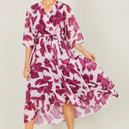 Yumi Pink Kimono Sleeves Midi Dip Hem Wrap Midi Dress