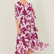 Yumi Pink Kimono Sleeves Midi Dip Hem Wrap Midi Dress