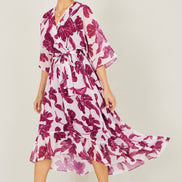 Yumi Pink Kimono Sleeves Midi Dip Hem Wrap Midi Dress