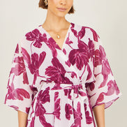 Yumi Pink Kimono Sleeves Midi Dip Hem Wrap Midi Dress