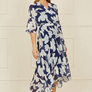 Yumi Navy Mesh Bird and Floral Print Midi Dress with Ruffles