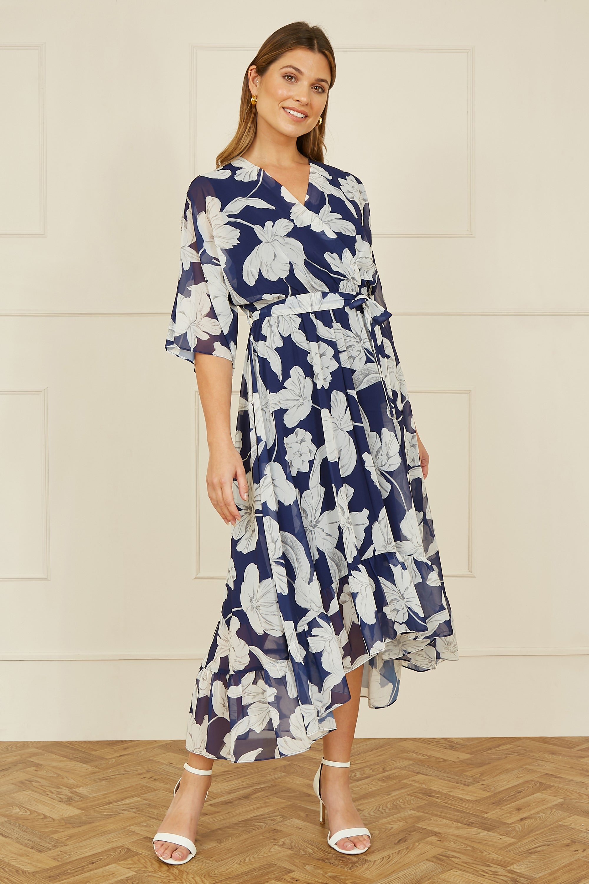 Yumi Navy Mesh Bird and Floral Print Midi Dress with Ruffles