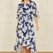 Yumi Navy Mesh Bird and Floral Print Midi Dress with Ruffles