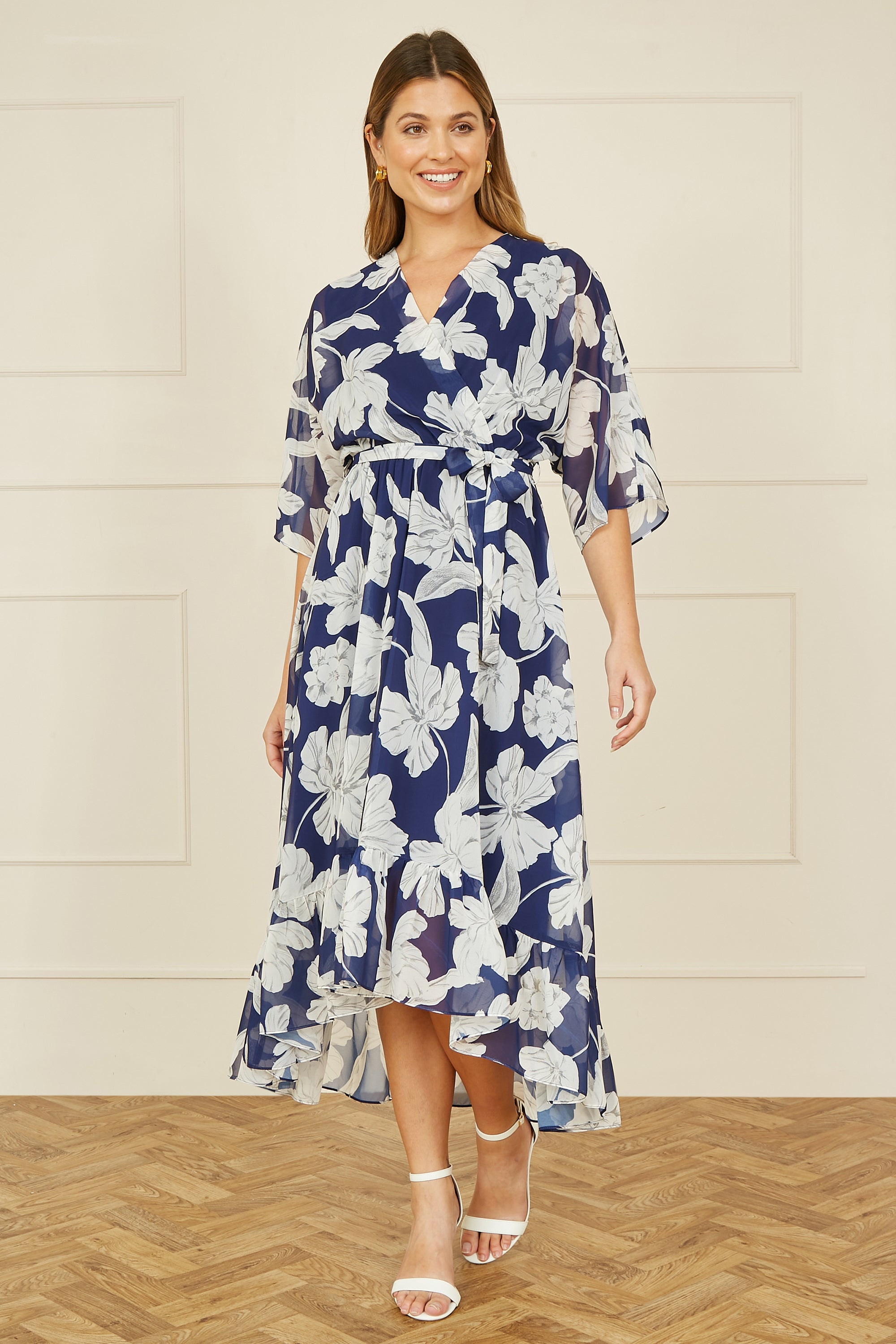 Yumi Navy Mesh Bird and Floral Print Midi Dress with Ruffles
