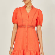 Yumi Orange Cotton Lace Trim Skater Shirt Dress