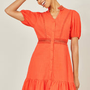 Yumi Orange Cotton Lace Trim Skater Shirt Dress