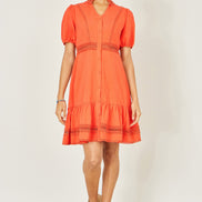 Yumi Orange Cotton Lace Trim Skater Shirt Dress